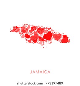 map of jamaica filled with mosaic of hearts of different sizes and degrees of transparency on white background