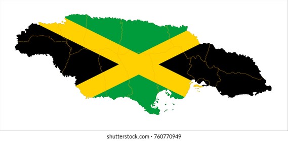 Map Of Jamaica With Flag Isolated On White Background.