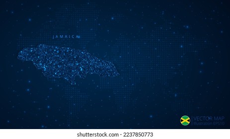 Map of Jamaica modern design with polygonal shapes on dark blue background. Business wireframe mesh spheres from flying debris. Blue structure style vector illustration concept.