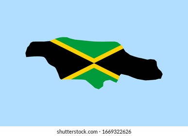 Map of Jamaica  on a blue background, Flag of Jamaica on it.