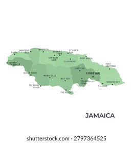 Map of JAMAICA with Regions Borders and Famous Cities