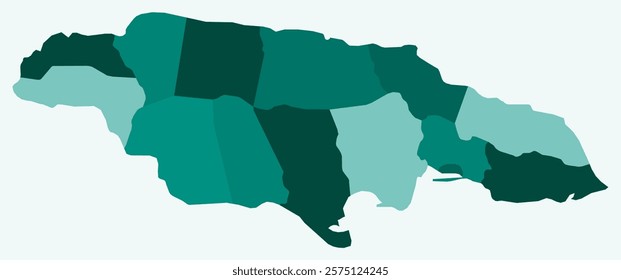 Map of Jamaica with regions. Just a simple country border map with region division. Teal color palette. Plain Jamaica shape with administrative division. Vector illustration.