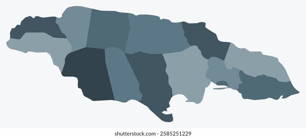 Map of Jamaica with regions. Just a simple country border map with region division. Blue grey color palette. Flat Jamaica shape with administrative division. Vector illustration.