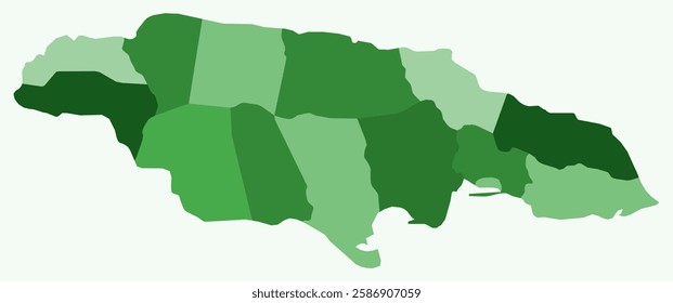Map of Jamaica with regions. Just a simple country border map with region division. Green color palette. Blank Jamaica shape with administrative division. Vector illustration.