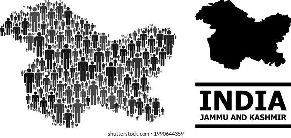 Mapa del estado de Jammu y Cachemira para las proclamaciones sociales. Collage de población de vectores. Mapa de grupos del estado de Jammu y Cachemira creado de elementos de población. Esquema demográfico en tonos grises oscuros.