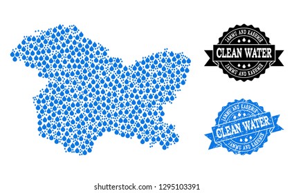 Map of Jammu and Kashmir State vector mosaic and clean water grunge stamp. Map of Jammu and Kashmir State composed with blue water drops. Seal with grunge rubber texture for clean drinking water.