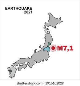 Map of the Japan 2021 earthquake, an earthquake measuring 7.1 on the Richter scale rocked Fukushima Prefecture, Japan, Saturday,13 february 2021, night.