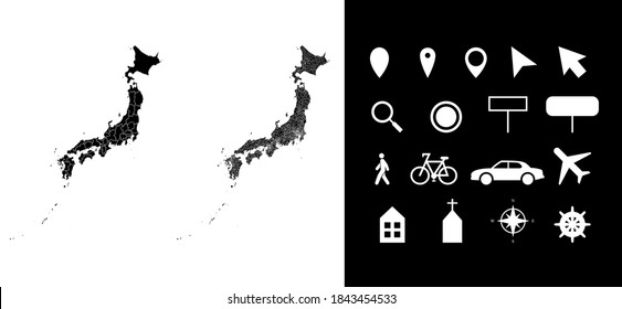 Map of Japan administrative regions departments with icons. Map location pin, arrow, looking glass, signboard, man, bicycle, car, airplane, house. Royalty free outline Japanese vector map.