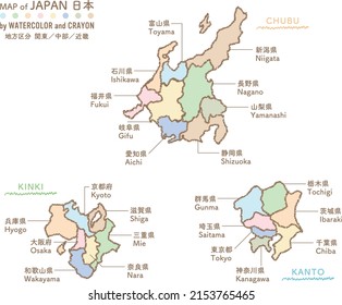 Map of Japan by crayon. Part of Japan's prefecture