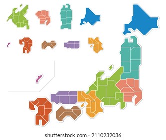 Map of Japan Color-coded prefectures Illustration