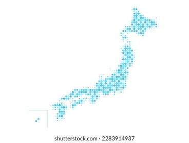 Map of Japan. Colorful blue dot pattern on white background. Vector illustration. Simple design.
