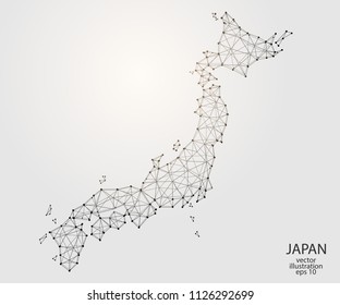 A map of Japan consisting of 3D triangles, lines, points, and connections. Vector illustration of the EPS 10.