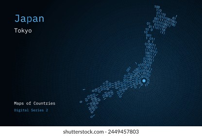 A map of Japan depicted in zeros and ones in the form of a circle. The capital, Tokyo, is shown in the center of the circle