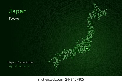 A map of Japan depicted in zeros and ones in the form of a circle. The capital, Tokyo, is shown in the center of the circle