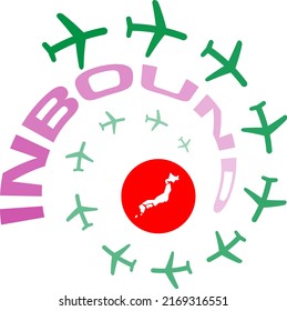 A map of Japan is drawn in the red circle. The letters "IN BOUND" and an airplane are drawn around the circle.