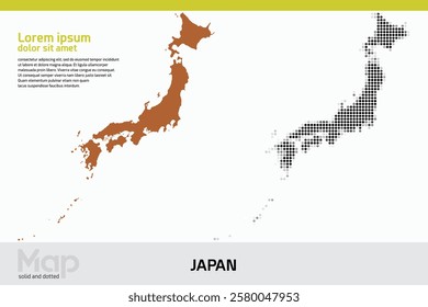 A map of Japan in dual designs, featuring brown solid details and black abstract dotted patterns, isolated on a white background