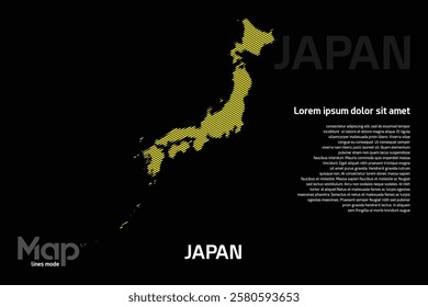 Map of Japan featuring yellow geographic lines, isolated on a black background. Perfect for various design projects.