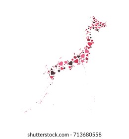 map of japan filled with hearts of different sizes and colors