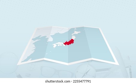 Map of Japan with the flag of Japan in the contour of the map on a trip abstract backdrop. Travel illustration.