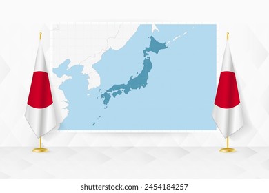Map of Japan and flags of Japan on flag stand. Vector illustration for diplomacy meeting.