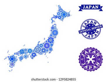 Map of Japan formed with blue wheel items, and isolated scratched stamps for official repair services. Vector abstract collage of map of Japan with repair symbols in blue color tinges.