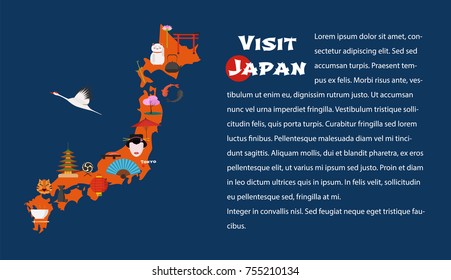 Map of Japan horizontal article layout vector illustration. Icons with Japanese landmarks, food 