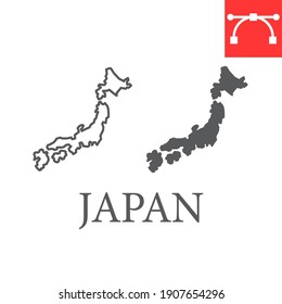 Map of Japan line and glyph icon, country and geography, japan map sign vector graphics, editable stroke linear icon, eps 10