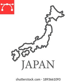 Mapa del icono de línea de Japón, país y geografía, gráfico vectorial de signo de japón, icono lineal de trazo editable, eps 10