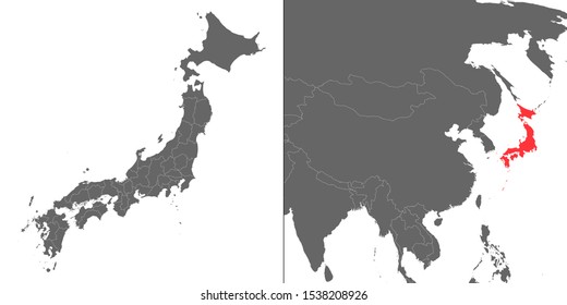 Map of Japan with location on asian map