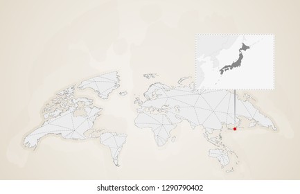 Map of Japan with neighbor countries pinned on world map. Abstract triangles World Map.
