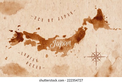 Map of Japan in old style in brown graphics in a retro style