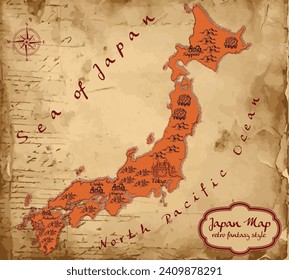 Mapa de Japón en el viejo estilo, gráficos marrones en estilo retro de fantasía.