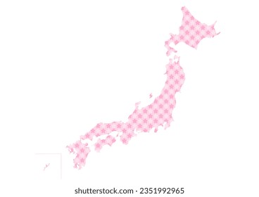 Map of Japan. Pink cherry blossom pattern on white background. Vector illustration. Simple design.