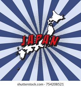 map of japan in pop art style with radial lines and halftone dots