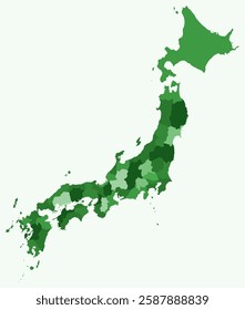 Map of Japan with regions. Just a simple country border map with region division. Green color palette. Plain Japan shape with administrative division. Vector illustration.