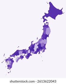 Map of Japan with regions. Just a simple country border map with region division. Deep purple color palette. Plain Japan shape with administrative division. Vector illustration.
