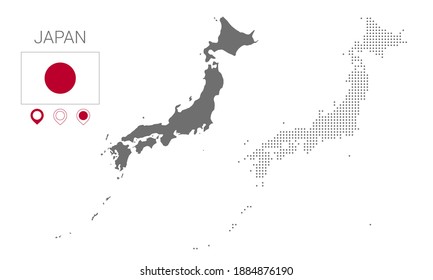 Map of Japan silhouette, Japan map dotted, Flag of Japan. Vector illustration flat