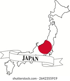 The map of Japan superimposed with the Japanese flag and its name written on a ribbon