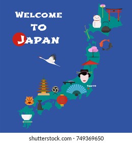 Map of Japan vector illustration, design element. Icons with Japanese landmarks, famous cultural objects, palace, food