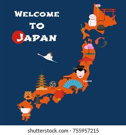 Map of Japan vector illustration, design. Icons with Japanese landmarks, culture, Tokyo and food. Explore Japan banner
