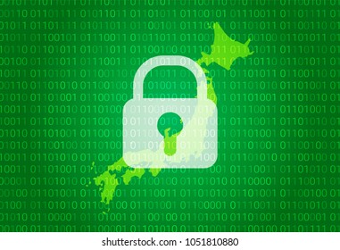 Map of Japan. vector illustration with lock and binary code background. internet blocking,virus attack, privacy protect