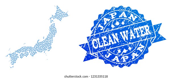 Map of Japan vector mosaic and clean water grunge stamp. Map of Japan created with blue aqua raindrops. Seal with corroded rubber texture for clean drinking water.