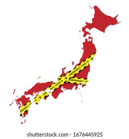 Map of Japan with warning quarantine yellow tape. Danger coronavirus Banner