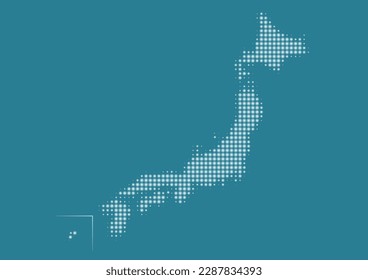 Map of Japan. White gradient dot pattern on blue background. Vector illustration. Simple design.