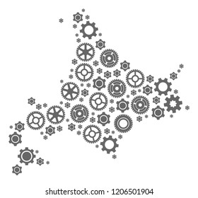 Map of Japanese Hokkaido formed with gray cog symbols. Vector abstract mosaic of map of Japanese Hokkaido with work symbols. Engineering flat design for repair purposes.