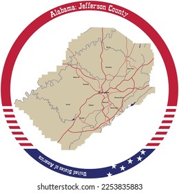 Map of Jefferson county in Alabama, USA arranged in a circle.