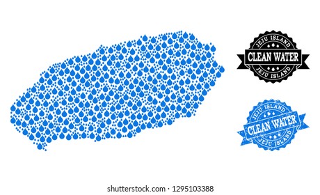Map of Jeju Island vector mosaic and clean water grunge stamp. Map of Jeju Island designed with blue liquid tears. Seal with corroded rubber texture for pure drinking water.