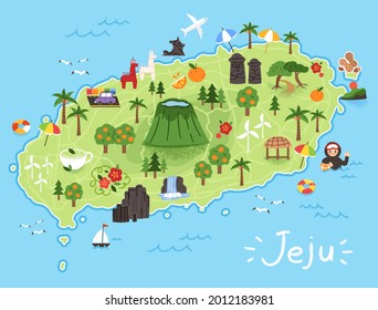 Mapa de las atracciones y rutas turísticas de la isla de Jeju. Haenyeo, Hallasan, playa, arboretum, lugares famosos y comida famosa.