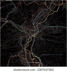 Map of Jena, Thuringia with all major and minor roads, railways and waterways. Colorful line art on black background.
