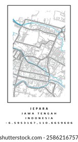 MAP OF JEPARA, CENTRAL JAVA, INDONESIA. FEBRUARI 2025. THIS MAP INCLUDES JALAN PEMUDA, RA KARTINI, KI MANGUNSARKORO, KS TUBUN, AND IS FLOWED BY THE 'KALI KANAL' RIVER AND THE ‘KALI WISO' RIVER. 